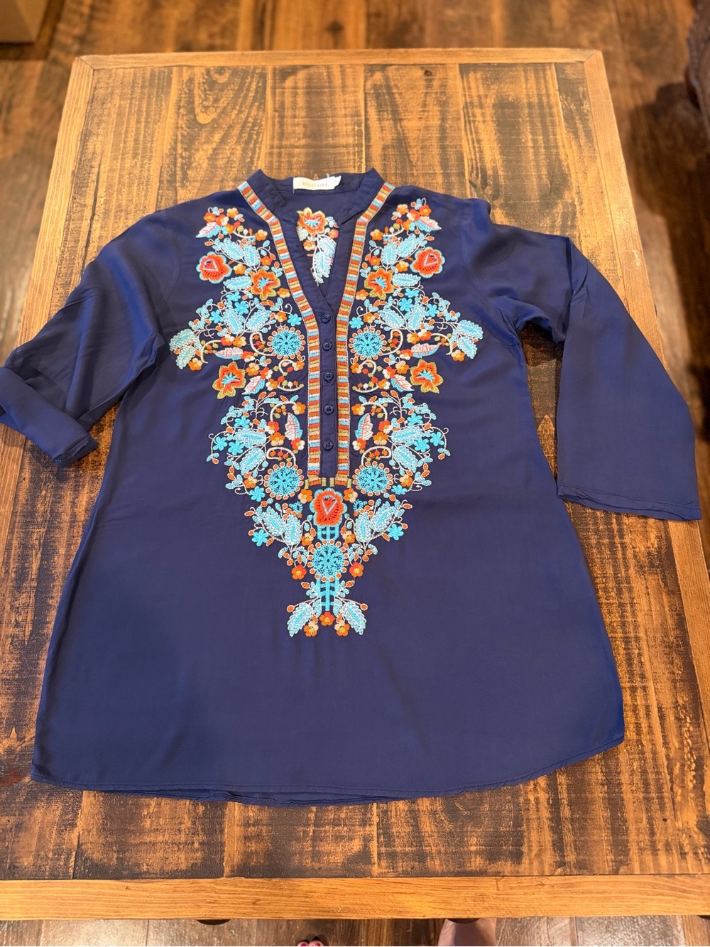Solitaire Navy Tunic with Turquoise & Orange Embroidery